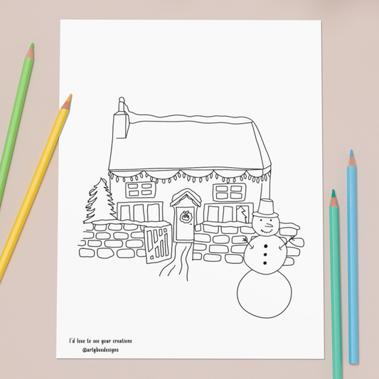 Printable Christmas Cottage Colouring Page