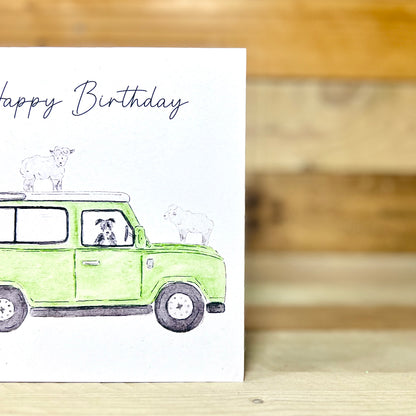 Sheep on a Jeep Birthday Card