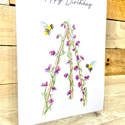 Sweetepeas and Bumble Bees Seeded Birthday Card